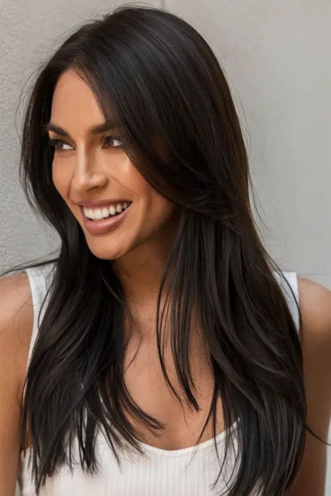 Polished professional straight black hairstyle.