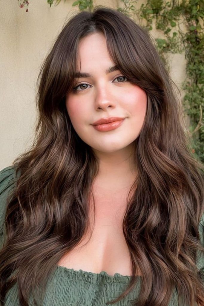 Feathered bangs elongate jawline subtly