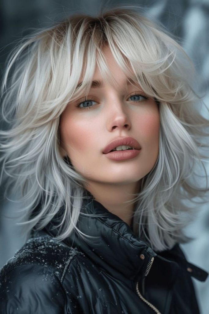 Pale ash jagged icy layered hair.