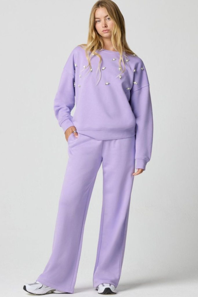 Lilac sweatsuit soft calming lounge.
