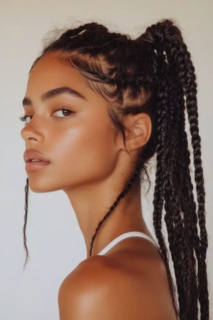 Twisted upper section with free-flowing locks.