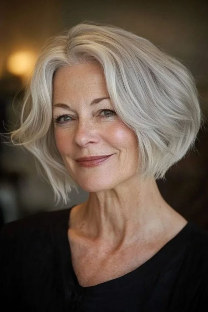 Silver sharp-edged layered bob hairstyle