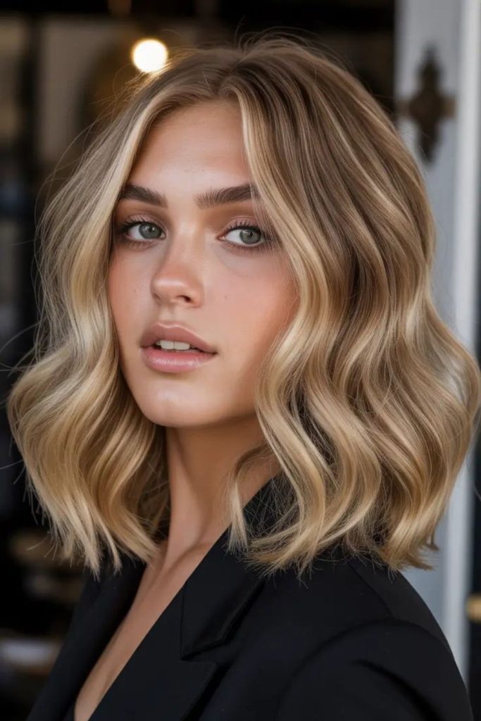 Crimped long bob with golden highlights.