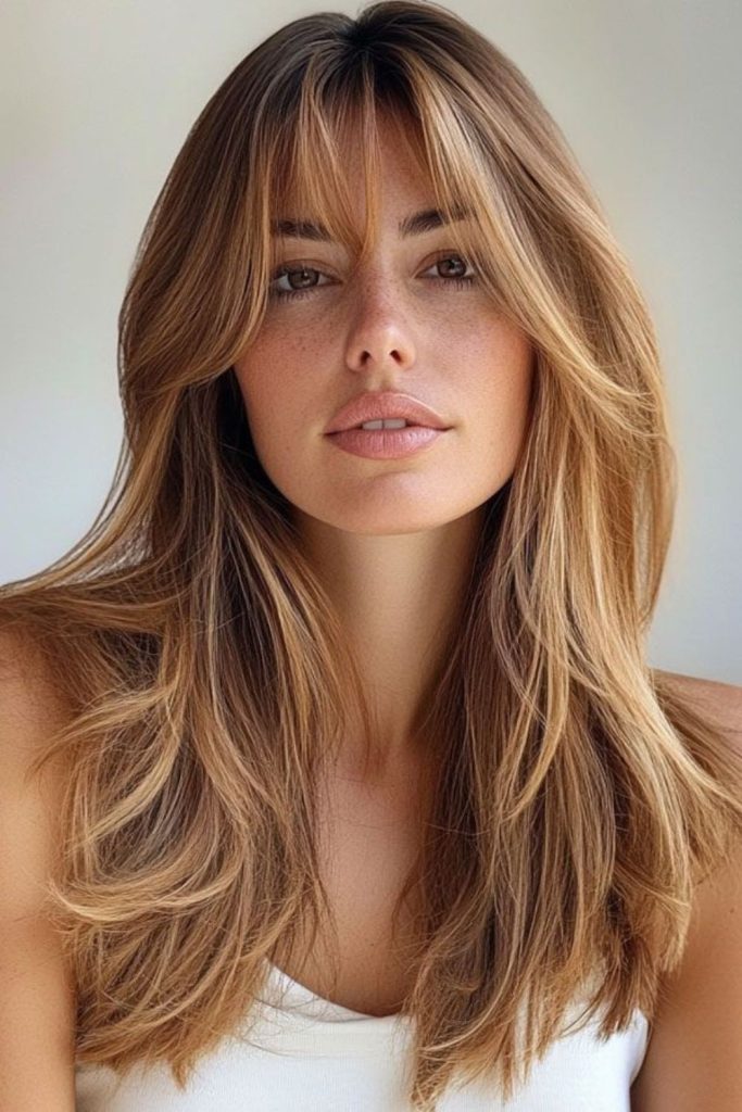 Curtain bangs with honey-tipped edges.