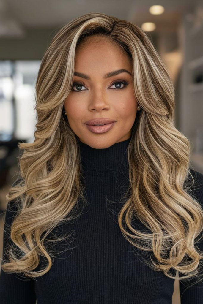 Side-swept hair with golden honey tones.