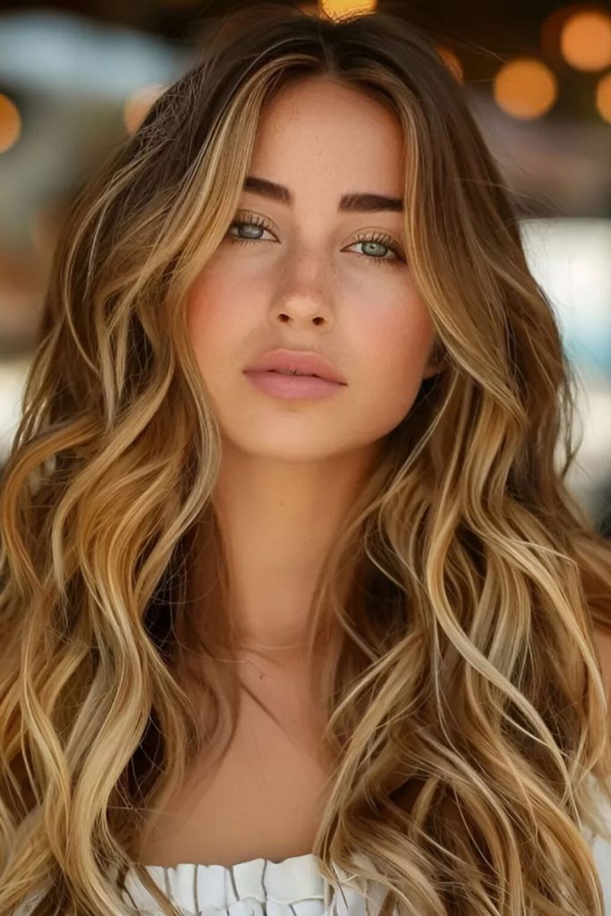 Honey blonde shoulder waves with sunlight shimmer.