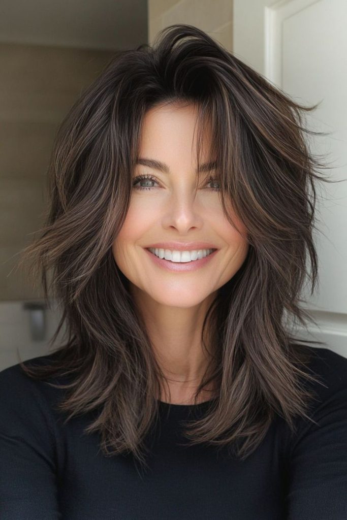 Sharp medium-length layered graphite-inspired haircut