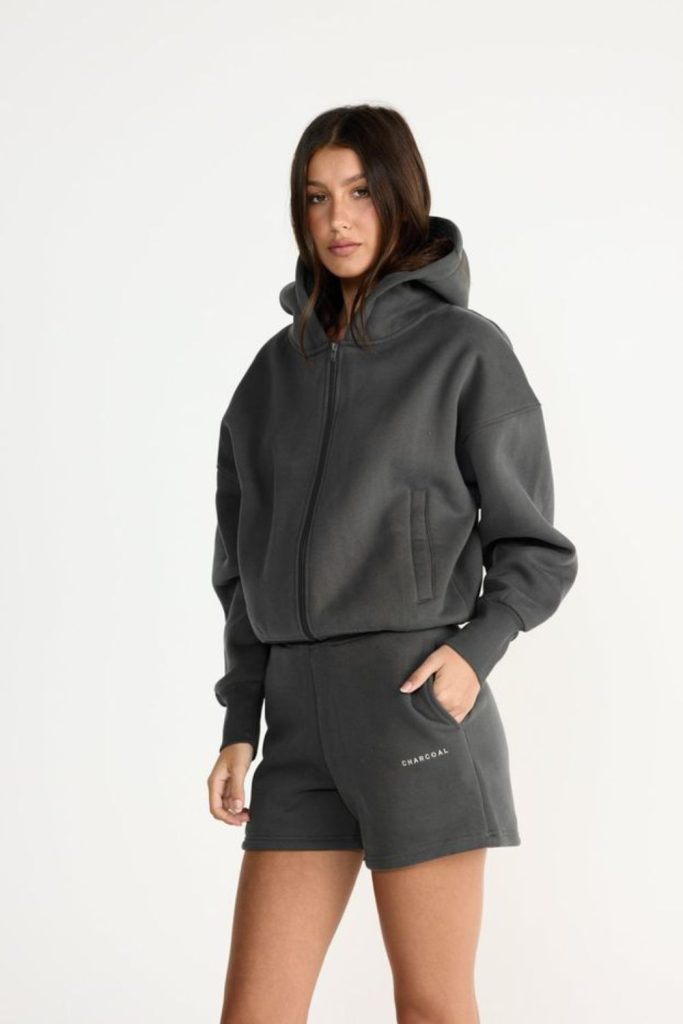 Dark graphite hoodie with ripped shorts