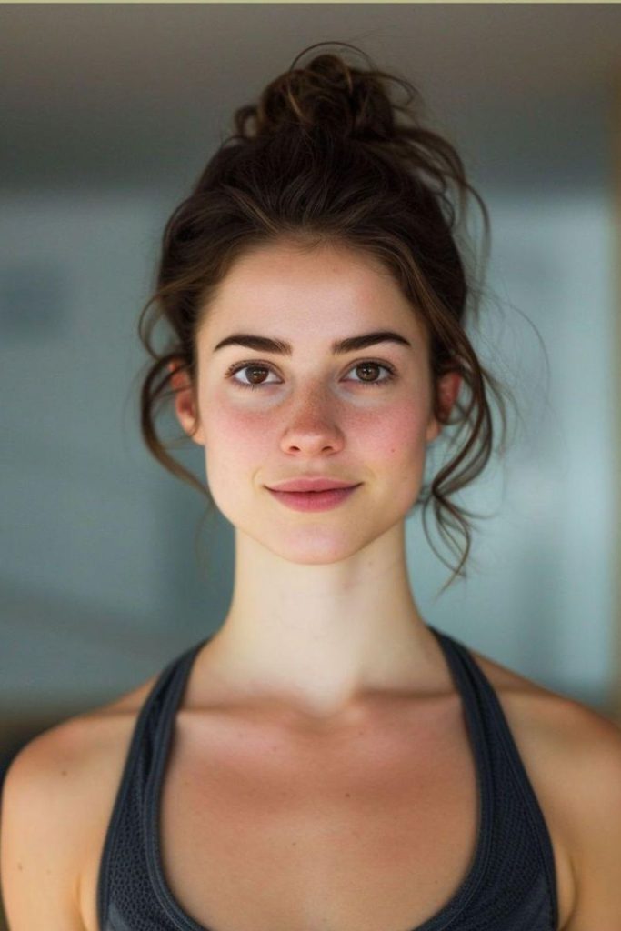 Circular top bun with chaotic strands.