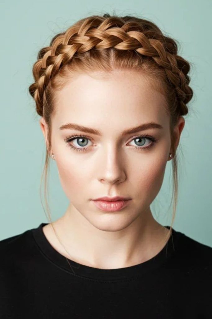 Crown braid creating halo effect stylishly.
