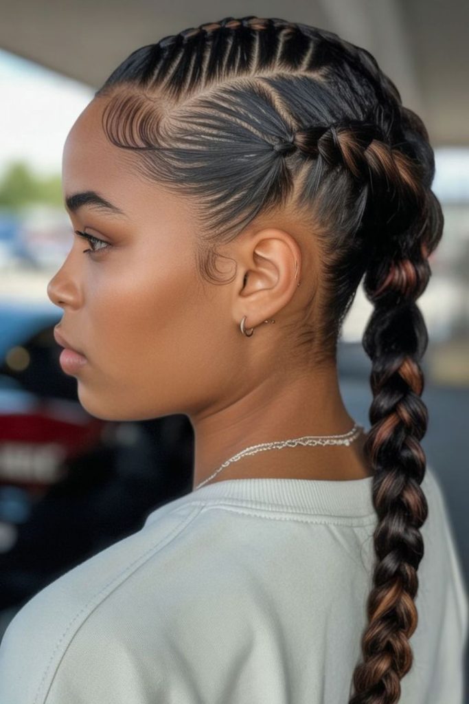 High braid with flicking loose strands.