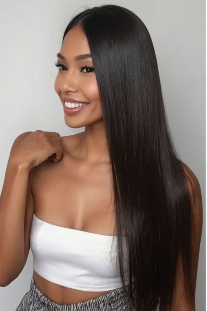 Ultra-glossy bold straight black hair.