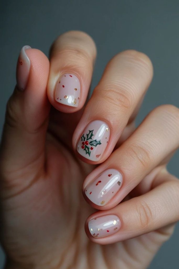 Nude nails with tiny holly