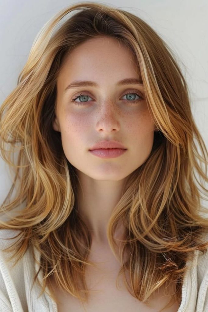 Honey ash strands with face-framing layers