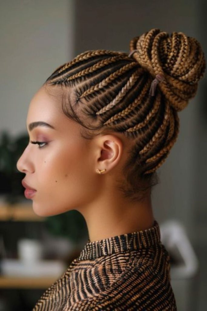 Braided updo in golden honey tones
