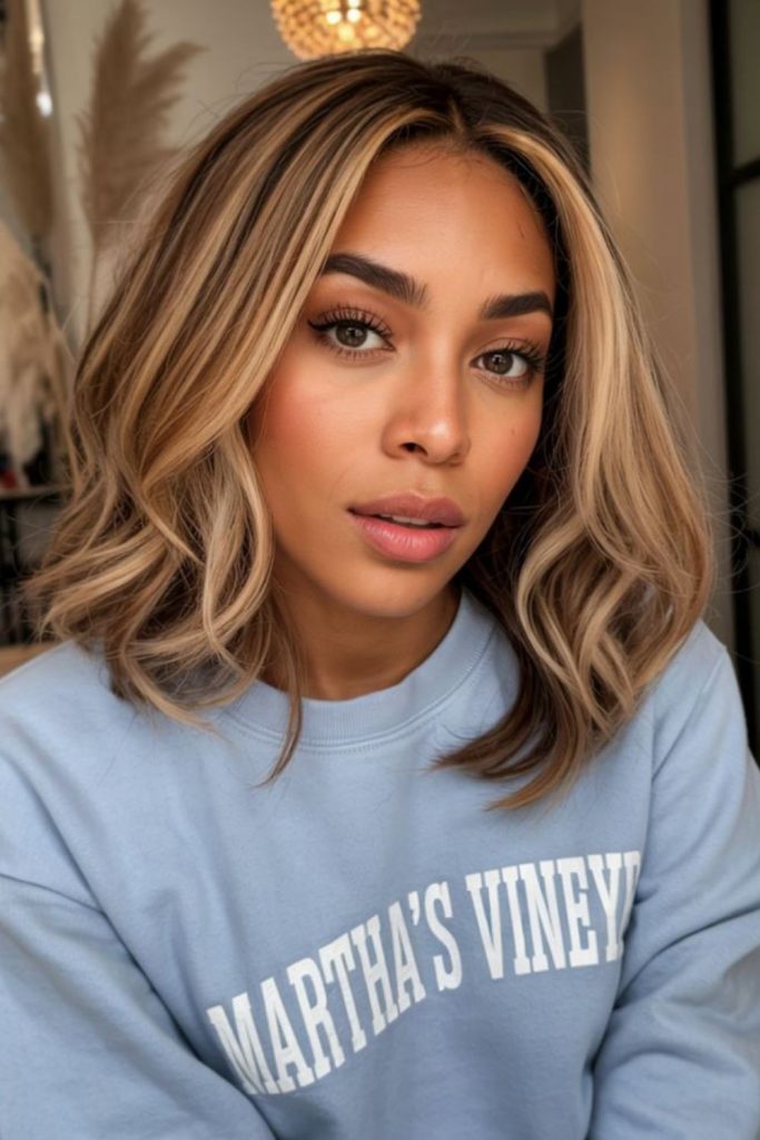 Layered lob with soft honey tones