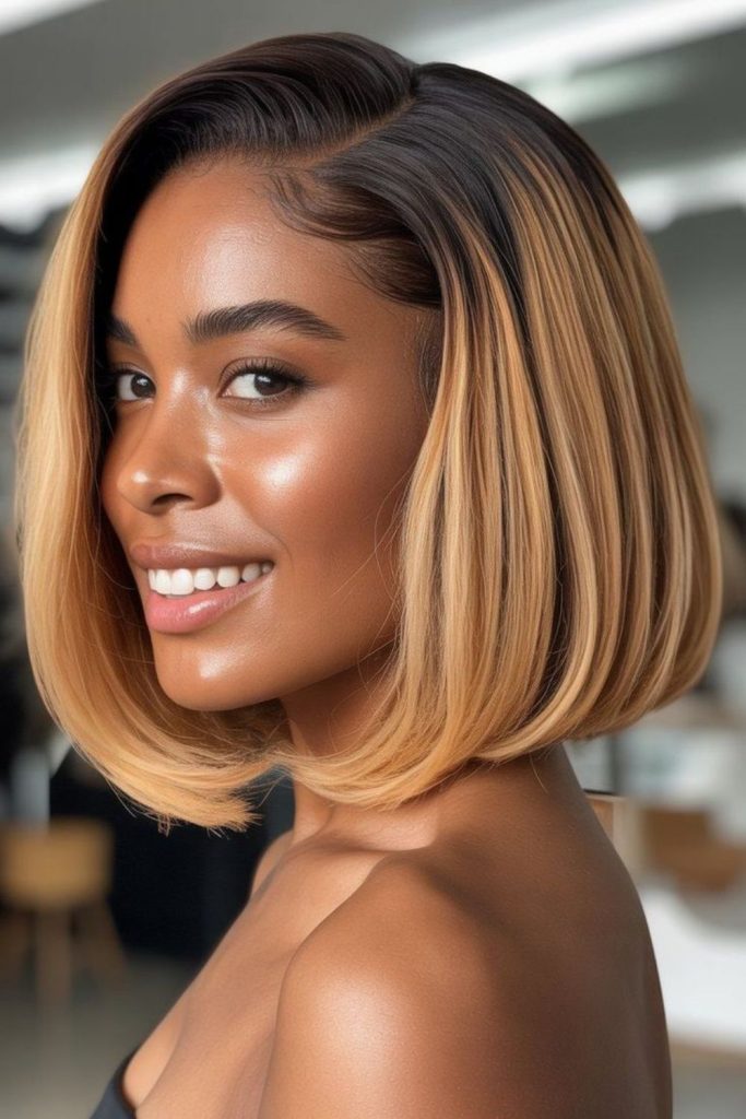 Slicked-back hairstyle with honey blonde