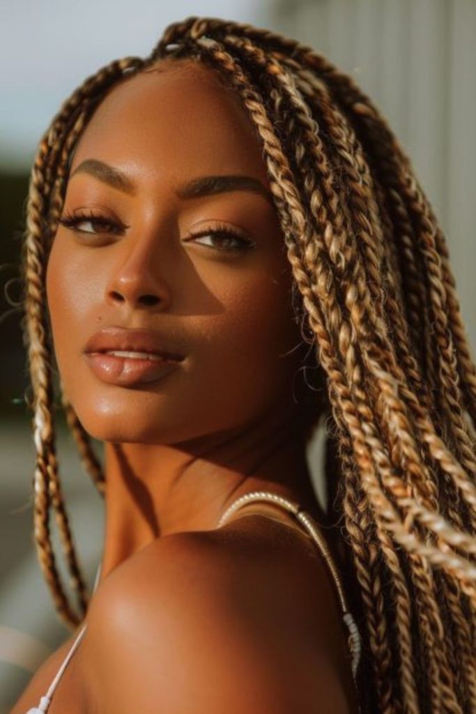 Twists hairstyle with golden honey tones