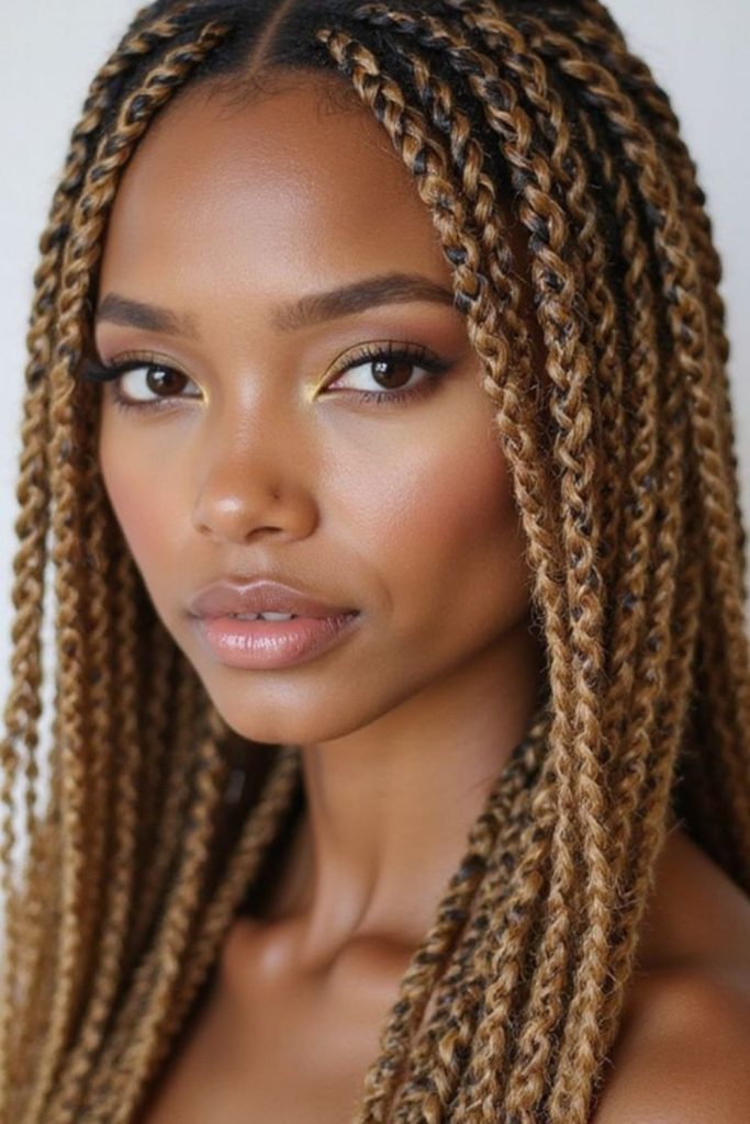 Box braids with honey-infused strands shimmer.
