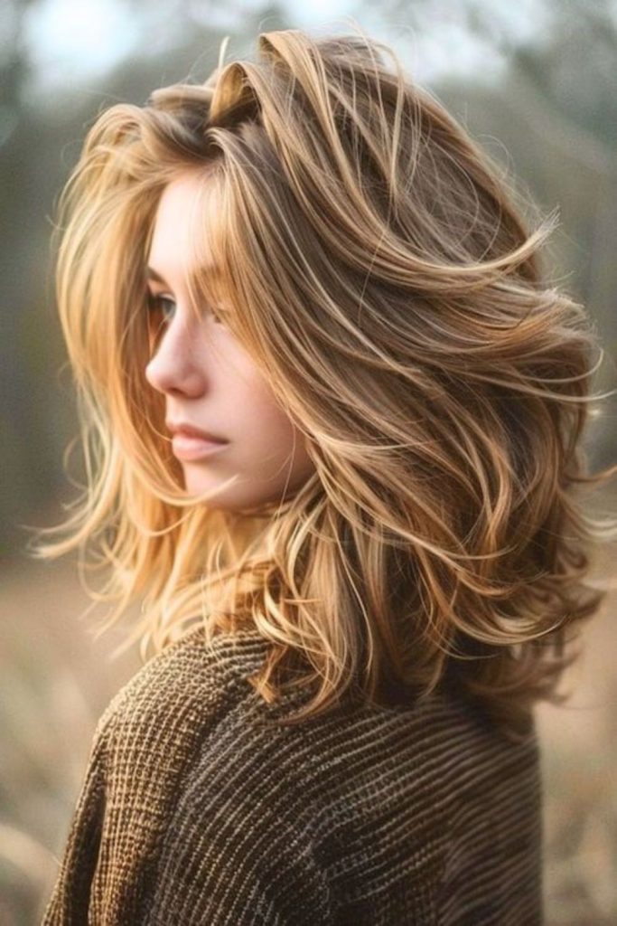 Honey-toned soft layered shoulder hair