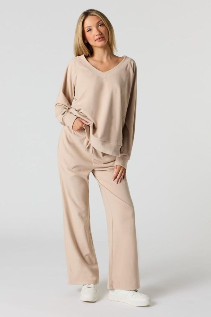 Honey toned sweatsuit cozy indoor outfit.