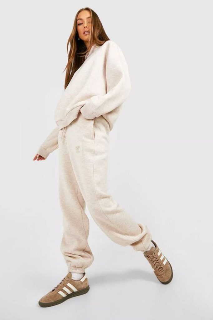 Beige sweatsuit soft slouchy comfort.