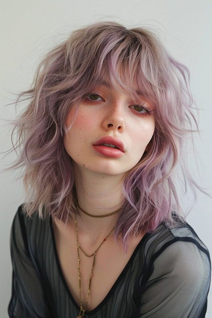 Frosty lilac layered flowing shag hairstyle.