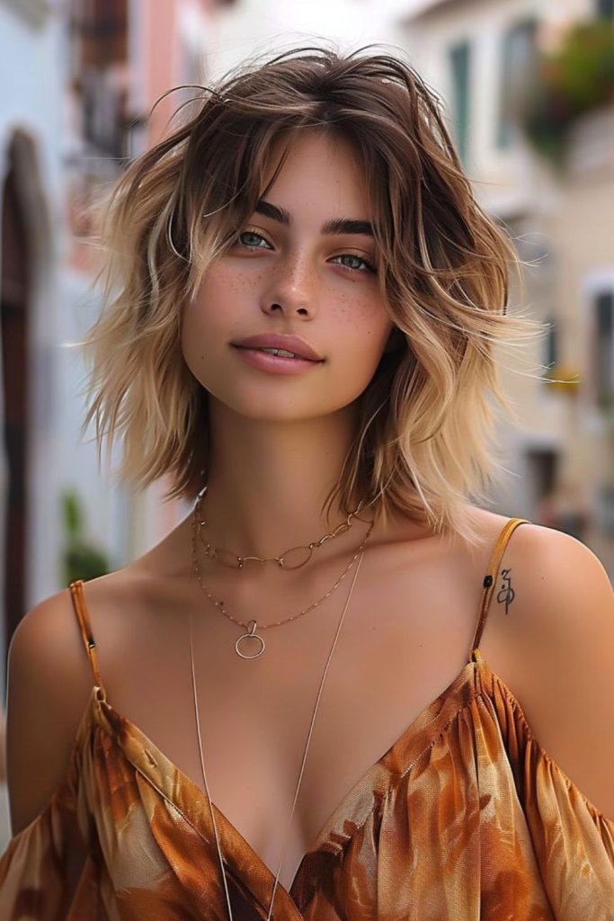 Chin-length bob with jagged shimmering tips