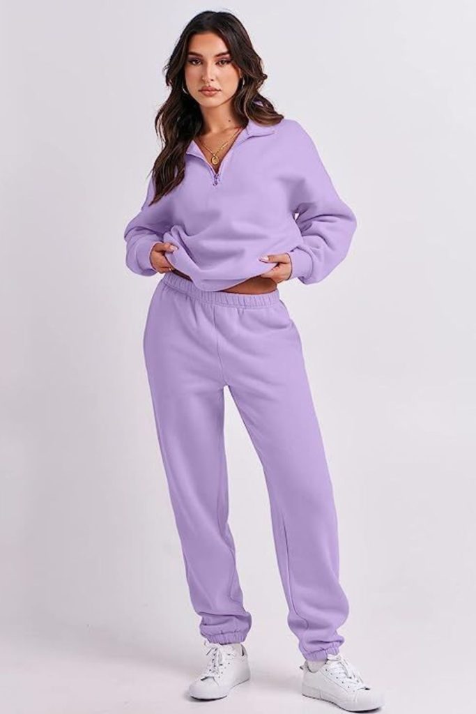 Lavender sweatsuit calm soft aesthetic.