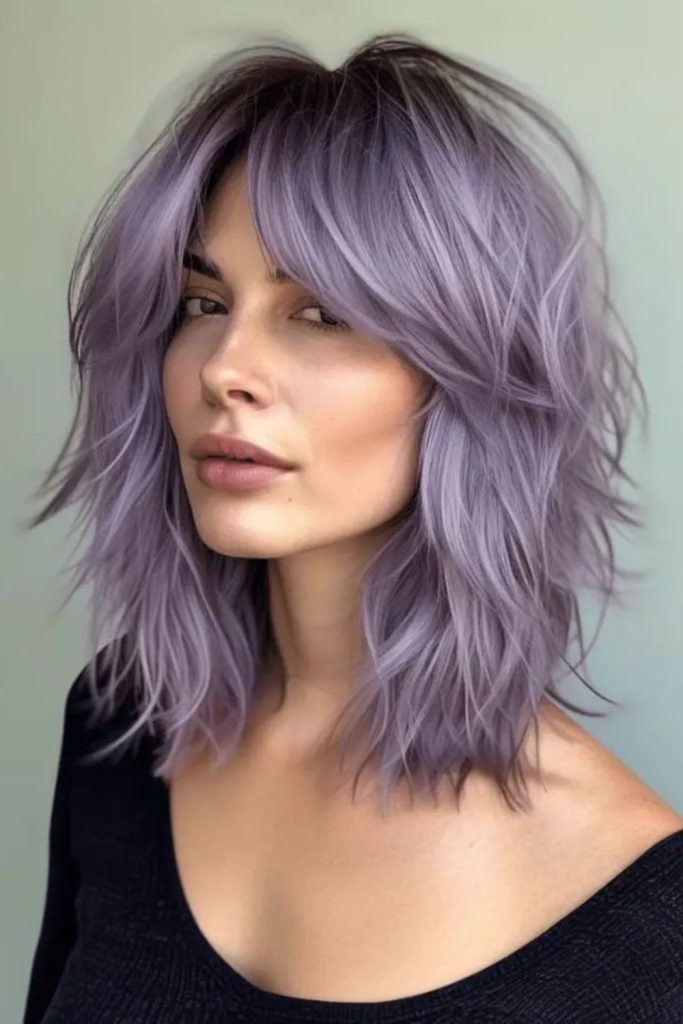 Pale lavender soft layered shag hairstyle.