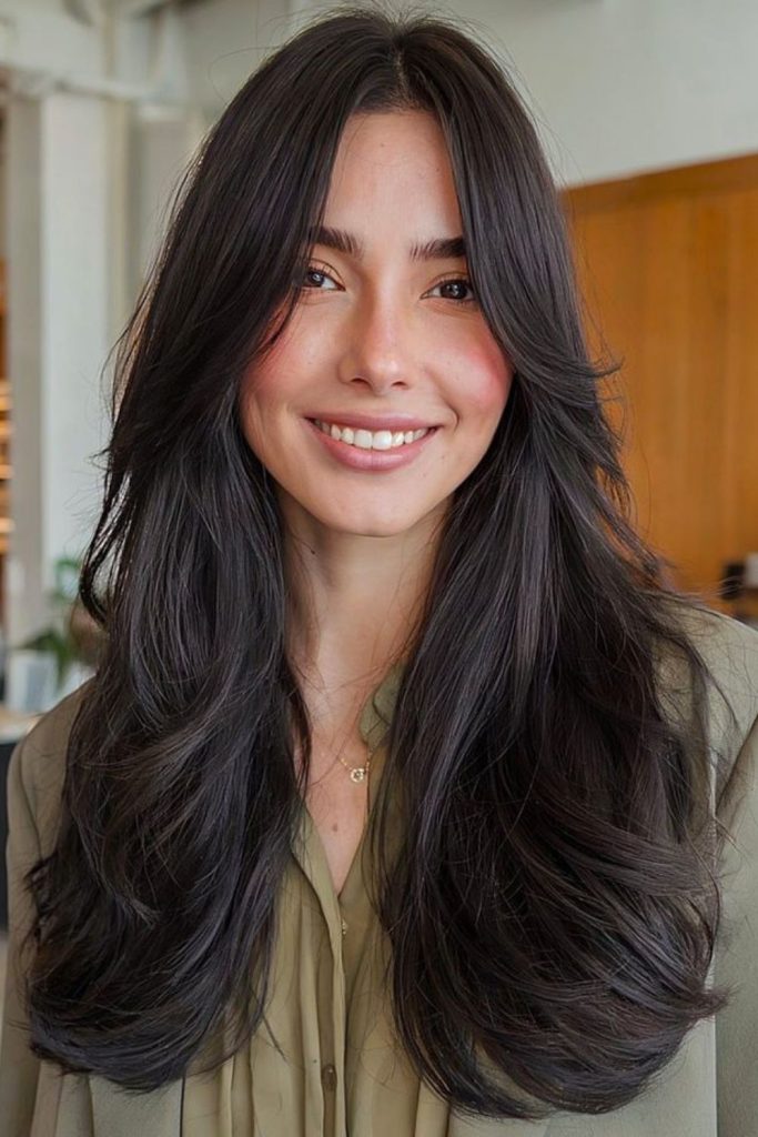 Continuous flowing sleek straight hair.