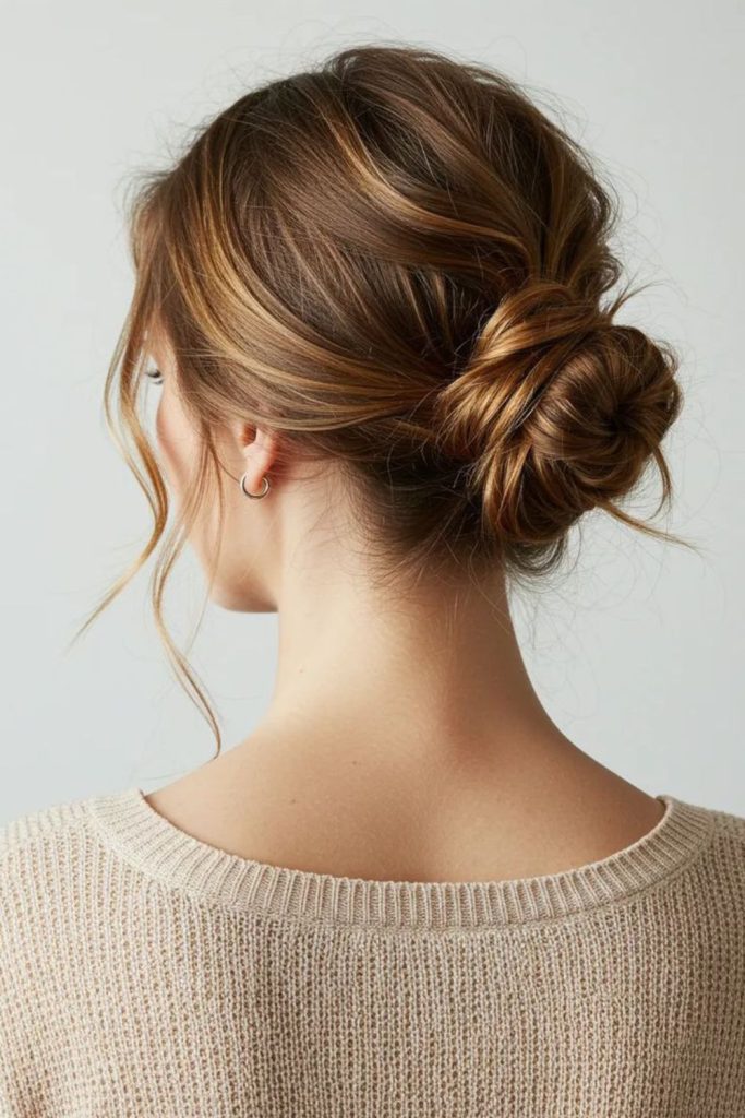 Loose low bun with flying wisps.