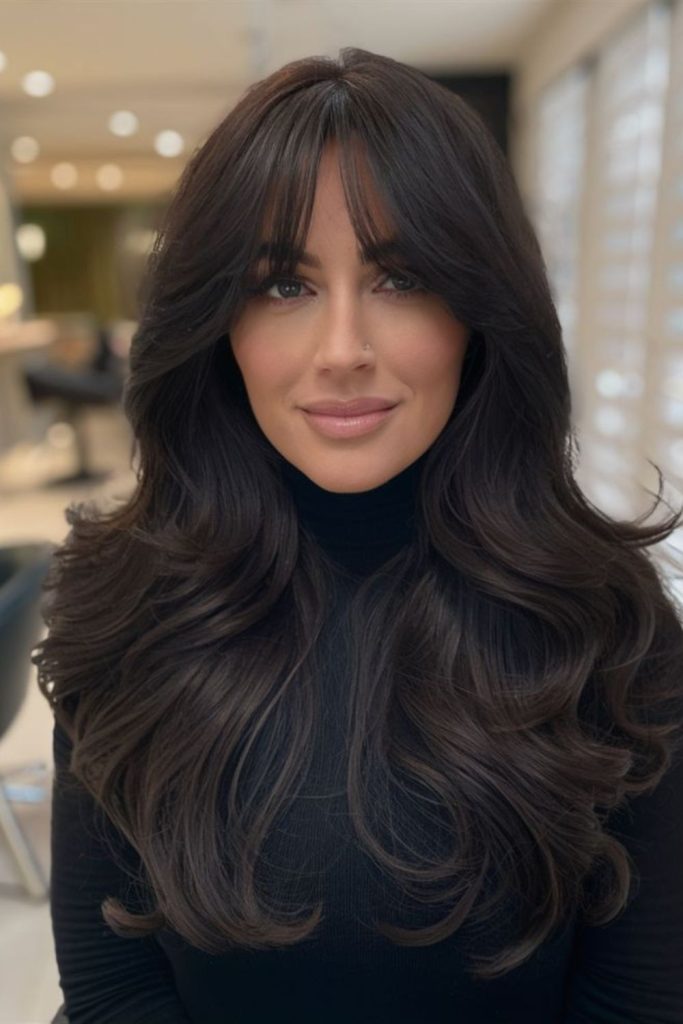 Black curtain bangs modern wig.