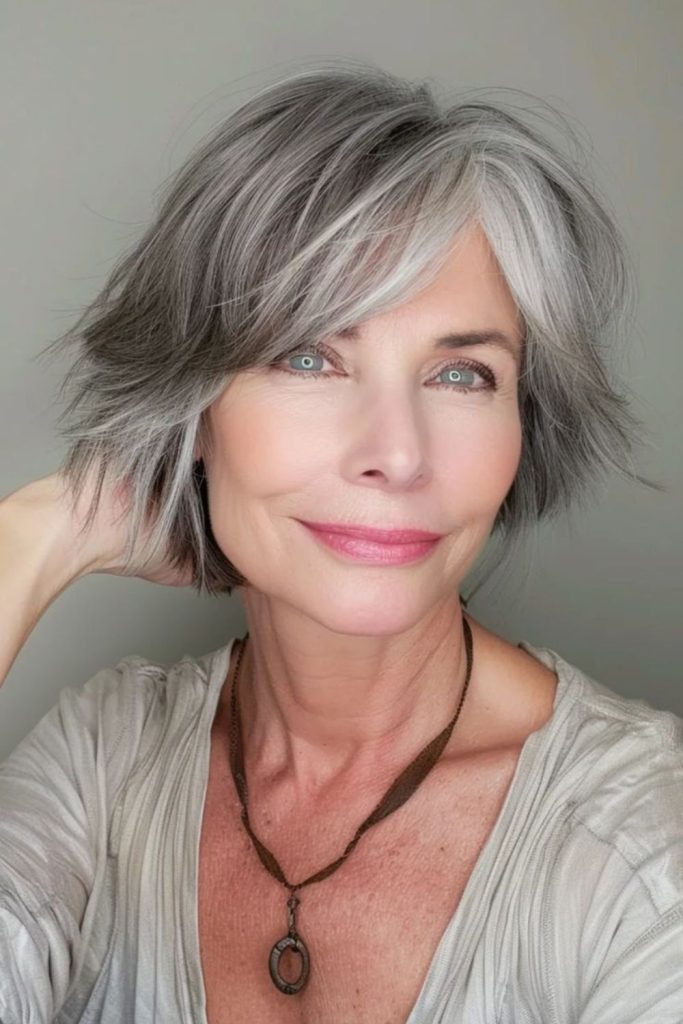 Pale silver uneven layered bob