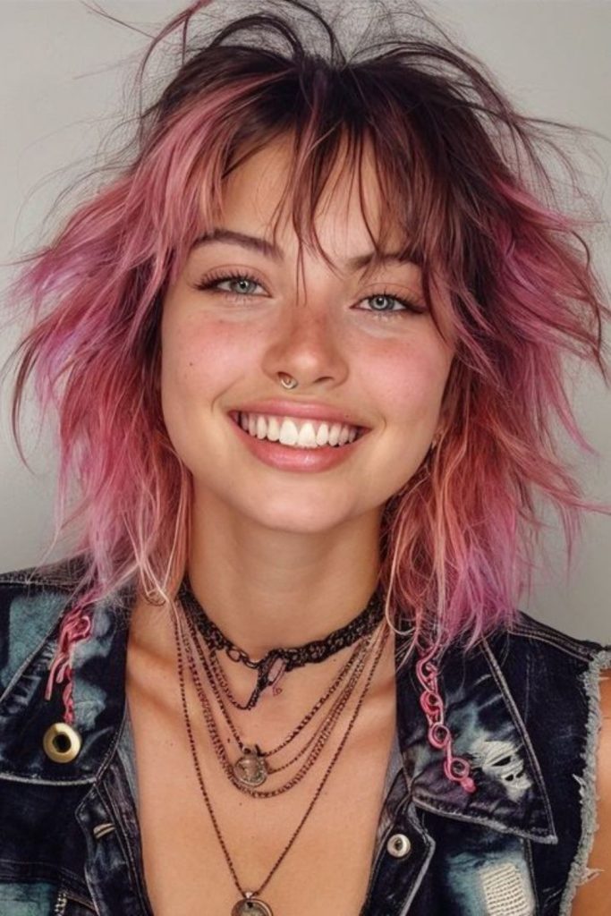Bright magenta spiky shaggy layered hairstyle.