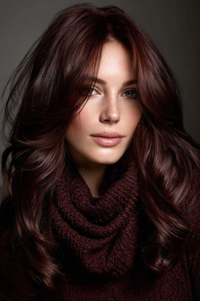 Mahogany curtain bangs framing soft face.