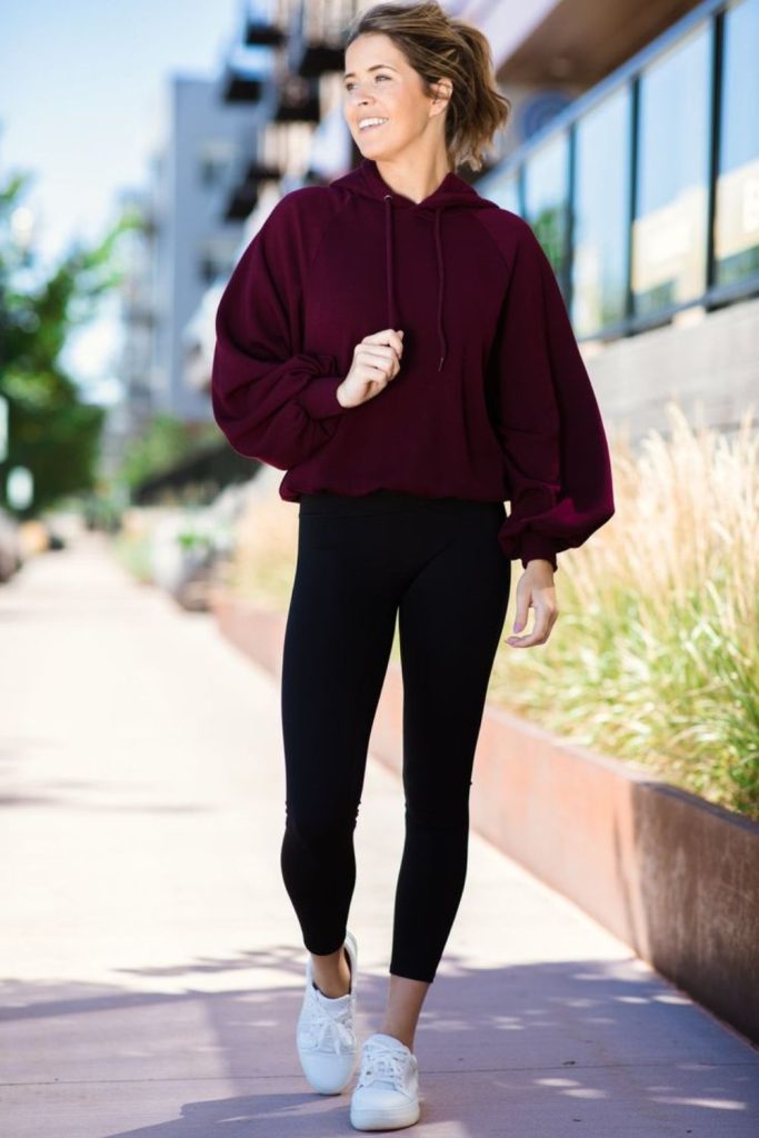 Deep violet hoodie with leather leggings