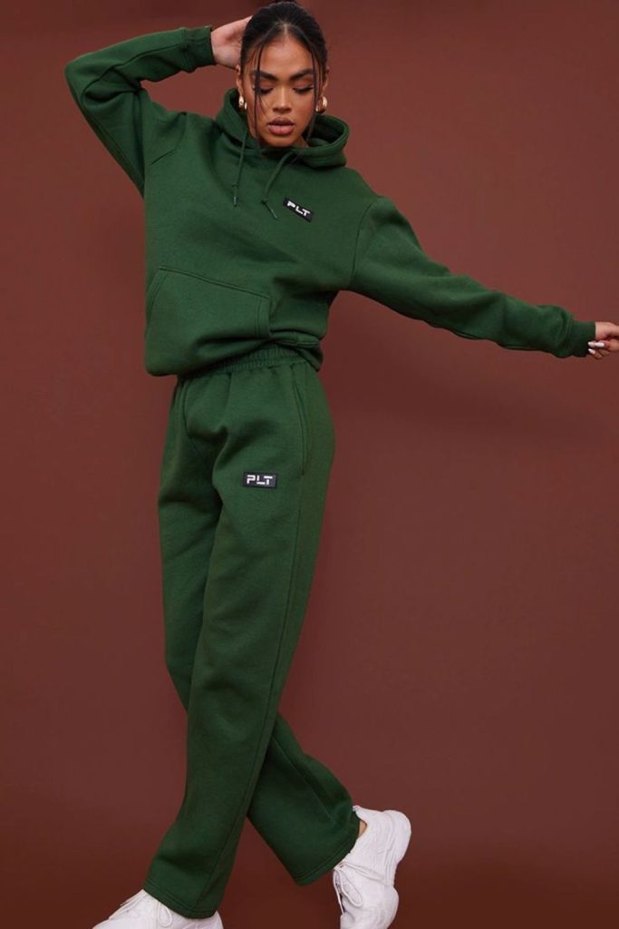 Moss green sweatsuit cozy evening wear.
