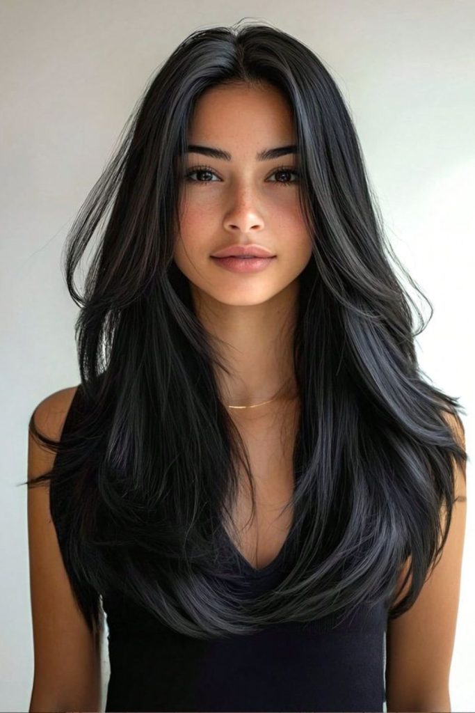 Midnight black silky cascading wig style.