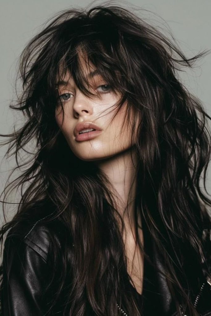 Black layered wolfcut with intense volume.