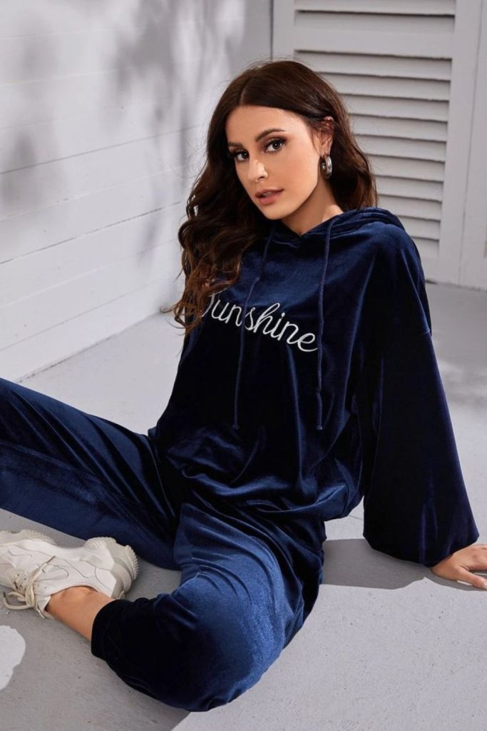 Navy velvet hoodie with matching leggings