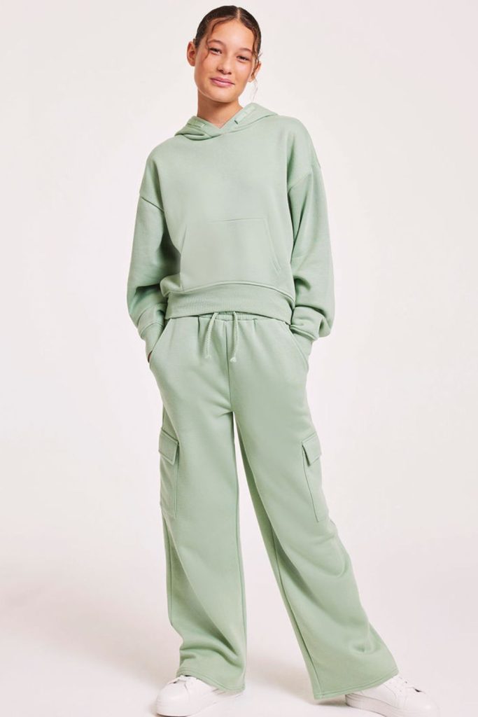 Pale mint hoodie with soft loafers