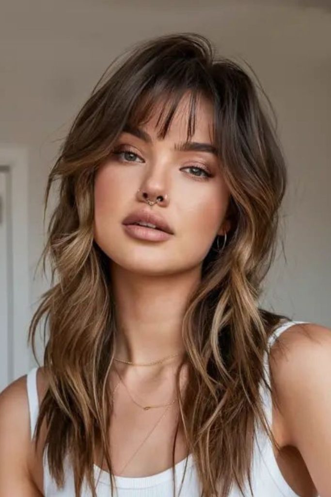 Slender floating bangs with soft sway