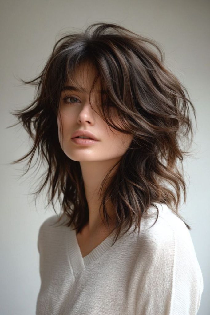 Mocha shag layered messy casual style.