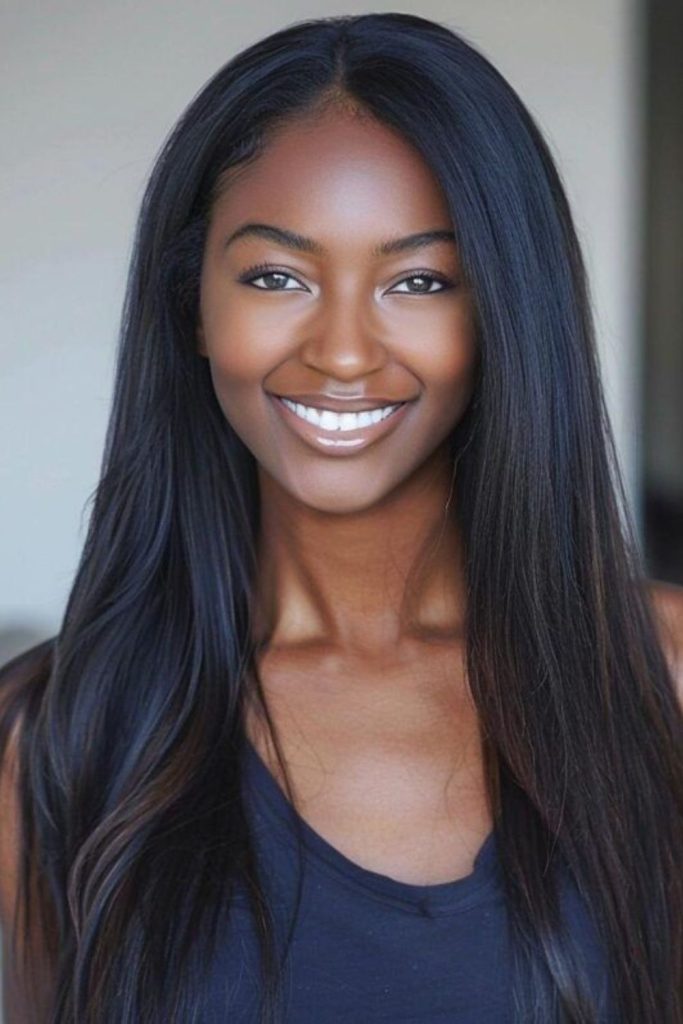 Contemporary sharp straight black hairstyle.