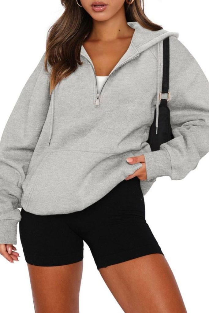 Silver-grey hoodie with leather shorts