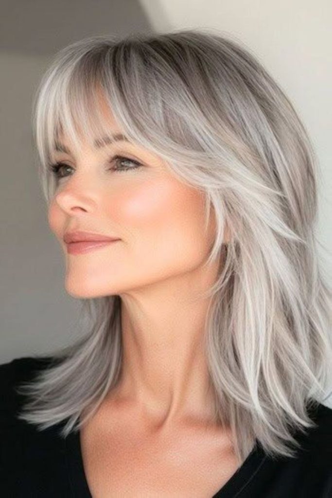 Silvery shadows across layered shoulder-length hair