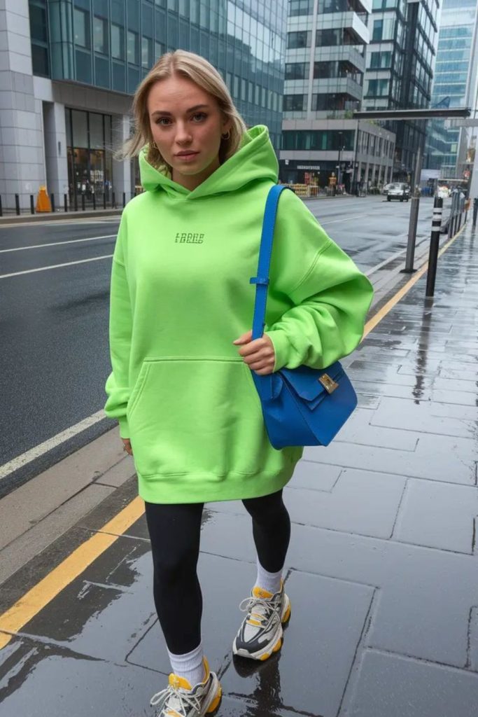 Electric lime hoodie with ripped leggings