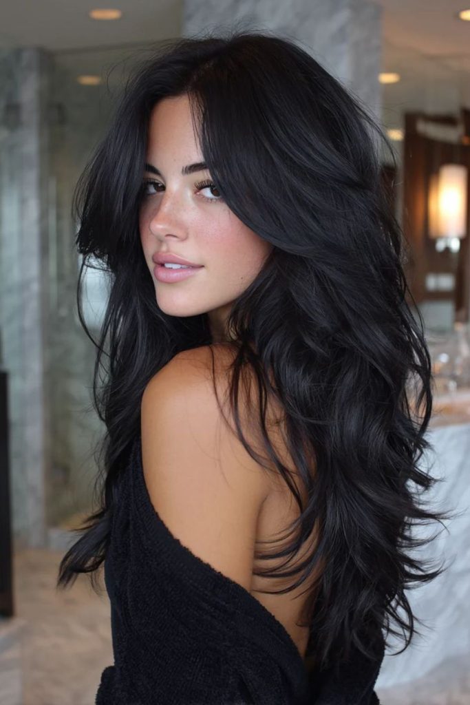 Voluminous noir bombshell layered wig.