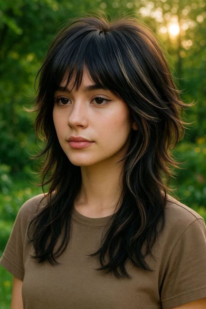 Jet-black wolf cut with sharp layers